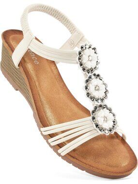Women's White Floral Rhinestone Elastic Slingback Low Wedge Heel Sandals Shoes